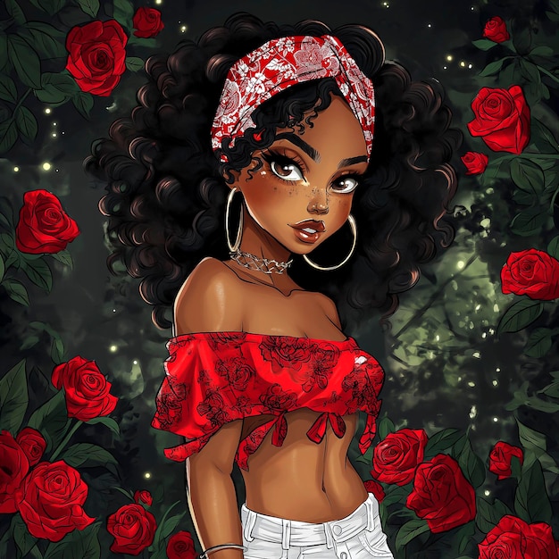 Woman with a red top and white pants in front of roses