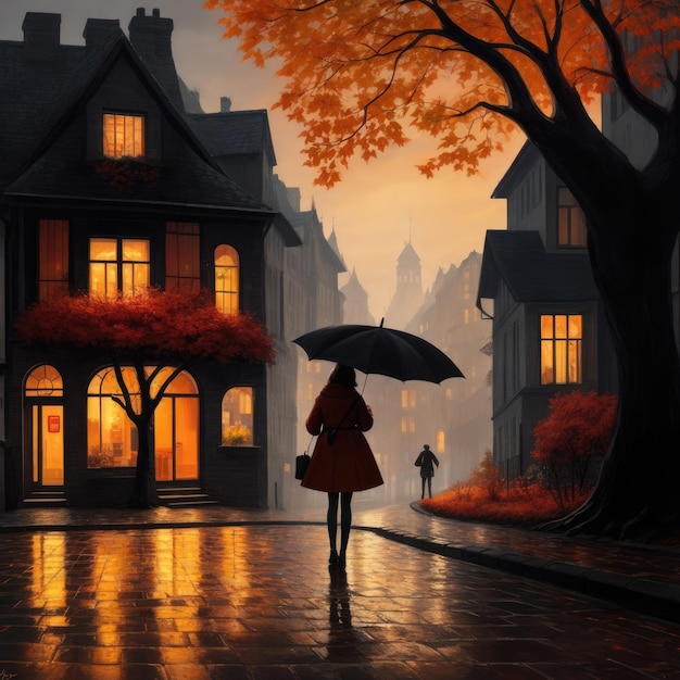 Woman with red umbrella walking in the autumn street 3D rendering