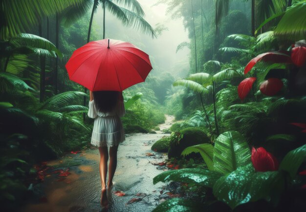 Woman with red umbrella walks through green jungle in rainy weather