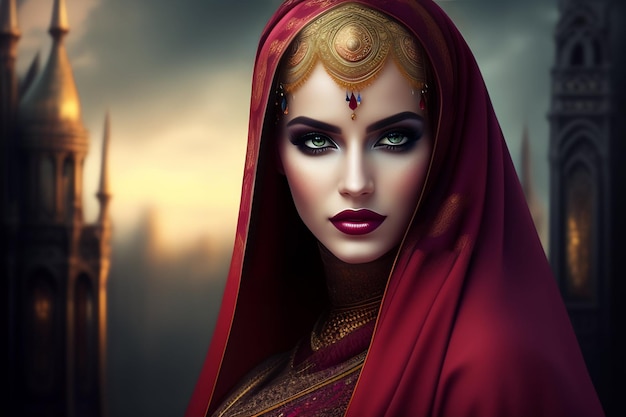 A woman with a red veil and a red veil