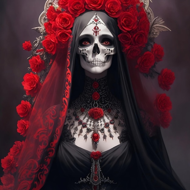 A woman with a red veil and roses on her head