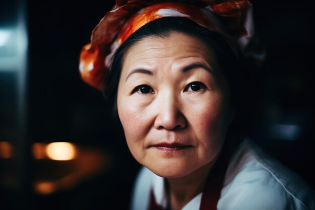 A woman with a red and white head wrap