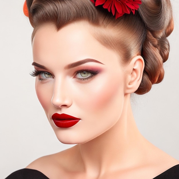 A woman with a retroinspired victory roll hairstyle classic beauty generative ai