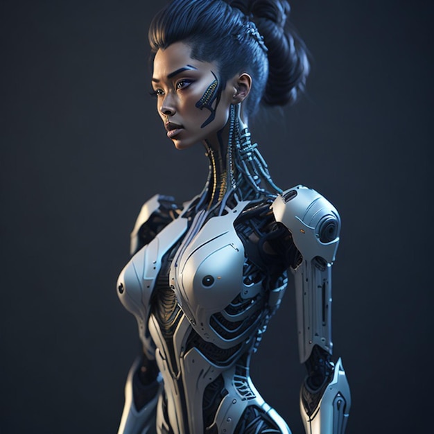 A woman with a robot body that has a silver top and a silver top.