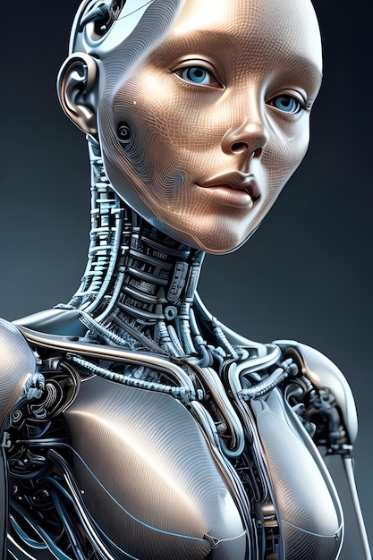 A woman with a robot face and blue eyes