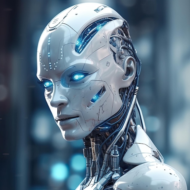 Premium AI Image | A woman with a robot face and blue eyes.