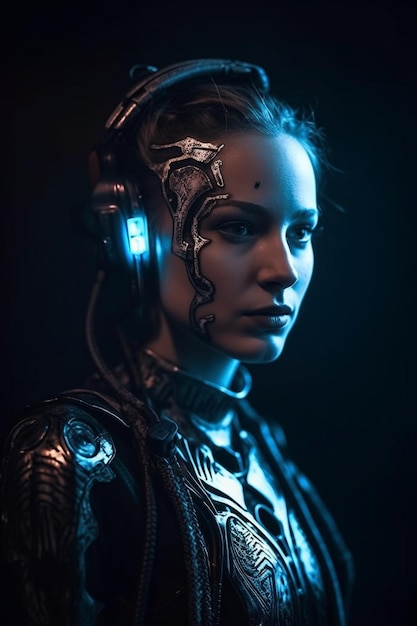 A woman with a robot face and a blue light behind her.