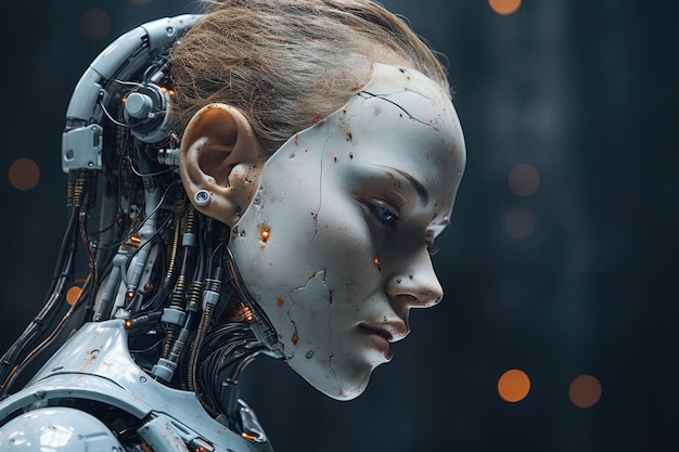 Woman With Robot Face and Head A Futuristic Image of HumanMachine Blend Talking robot with artificial intelligence AI Generated