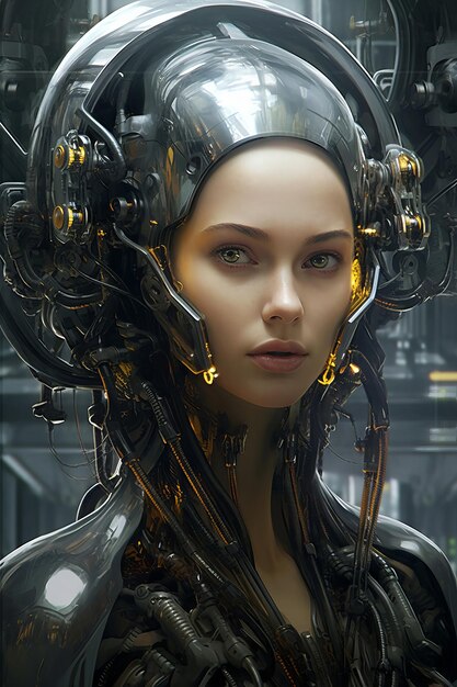 A woman with a robot face and a head that says'cyberpunk'on it