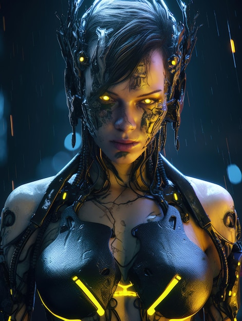 A woman with a robot face in the rain