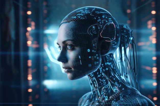 A woman with a robot face and the word robot on the left artificial intelligence ai high tech chat