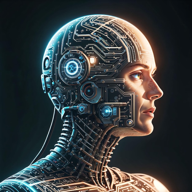 A woman with a robot head and a circuit board in the background.