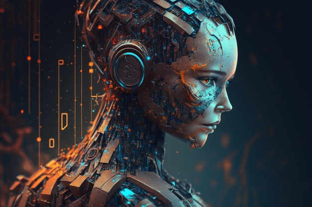 A woman with a robot head and a glowing background Artificial intelligence Ai High Tech Chat GPT