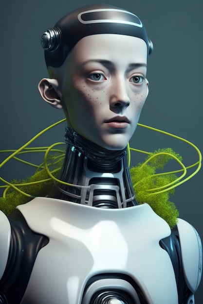 A woman with a robot head and green eyes.