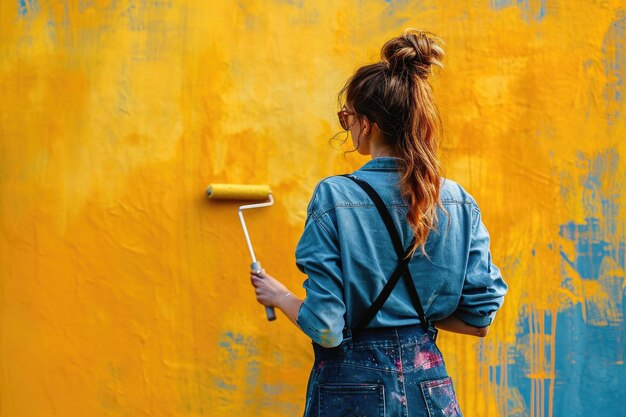 Photo woman with roller painting wall