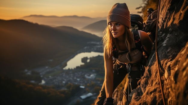 Woman with a rope engaged in the sports of rock climbing on the rock