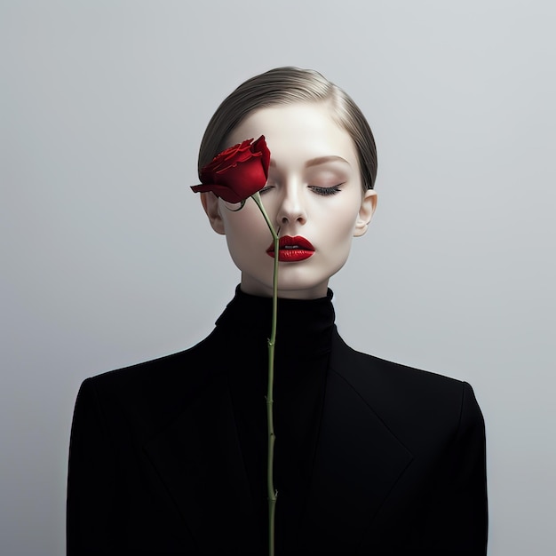 a woman with a rose in her hair and a black shirt with a green stem.