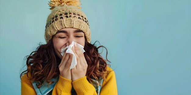 Woman with runny nose sneezes into tissue battling allergies or cold symptoms during challenging season Concept Cold and Allergy Symptoms Runny Nose Tissue Usage Seasonal Allergies Sneezing