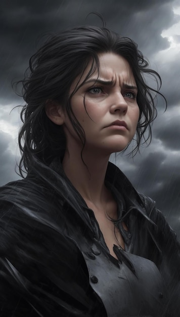 A woman with a sad face stands in a storm clouds.