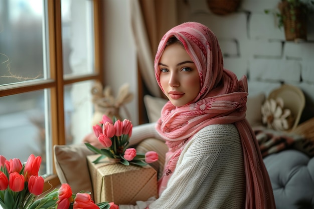 a woman with a scarf around her neck and a box of tulips