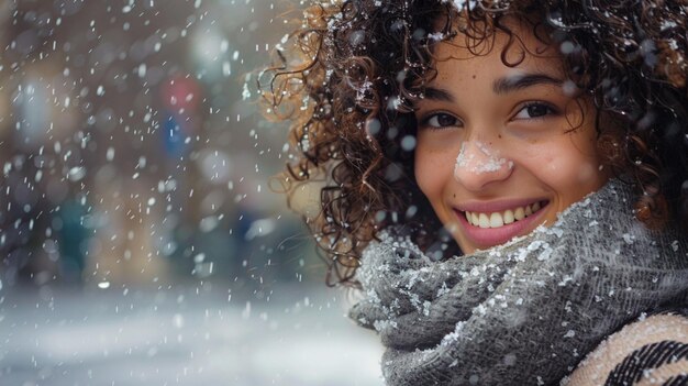 a woman with a scarf around her neck is smiling