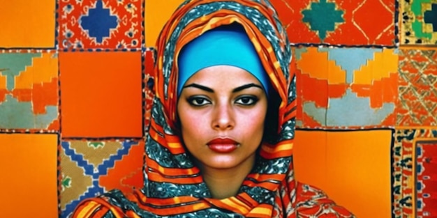 A woman with a scarf on her head and a colorful scarf.