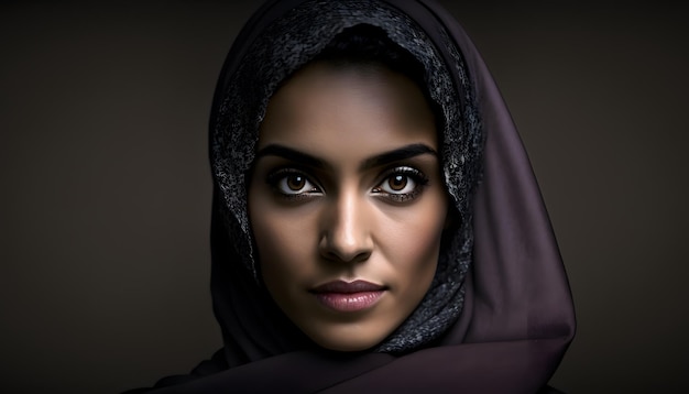 A woman with a scarf on her head and a dark background