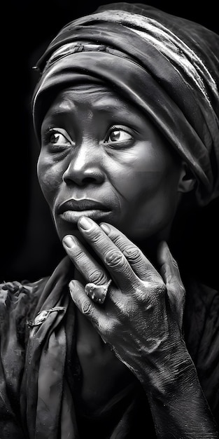 A woman with a scarf on her head is looking up at the camera.