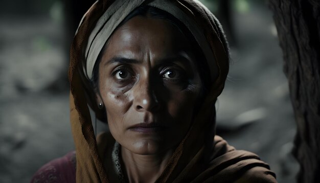 A woman with a scarf on her head looks into the camera.