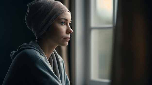 A woman with a scarf on her head looks out a window.