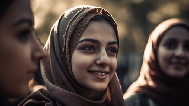 A woman with a scarf on her head smiles at the camera.