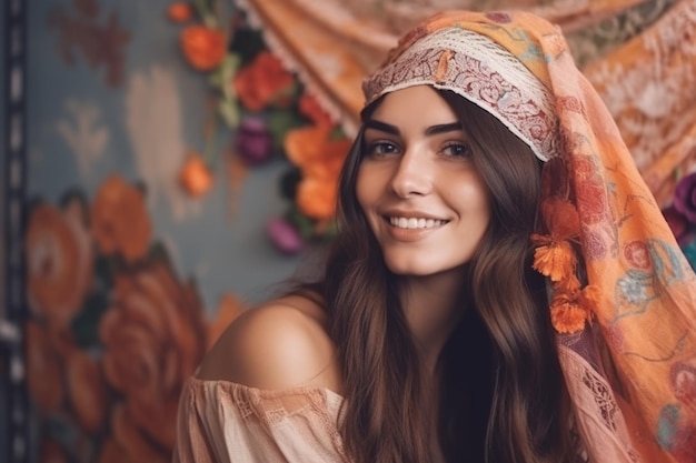 A woman with a scarf on her head stands in front of a floral backdrop.