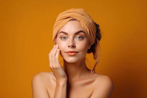 A woman with a scarf on her head and a yellow background