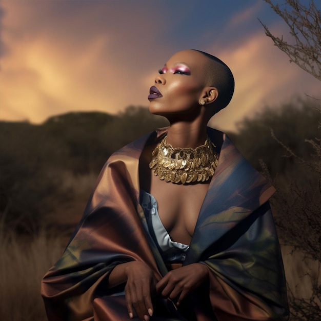 Photo a woman with a scarf and a scarf sits in a field with a cloudy sky in the background.