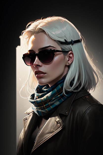 A woman with a scarf and sunglasses stands in front of a dark background