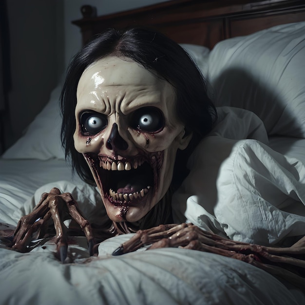 a woman with a scary face is laying on a bed