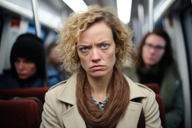 Фото Женщина с хмурым лицом в общественном транспорте