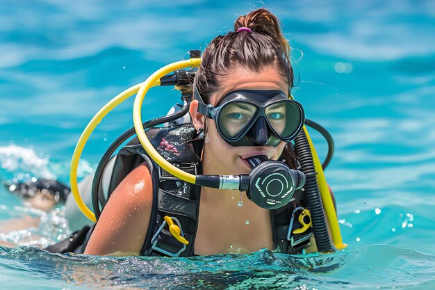 Foto donna con l'attrezzatura subacquea che nuota nell'oceano