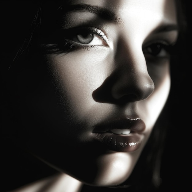 a woman with a shadow on her face is shown in black and white.