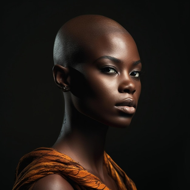 a woman with a shaved head and a black background