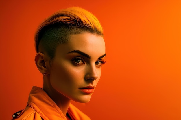 A woman with a shaved head and a bright orange shirt