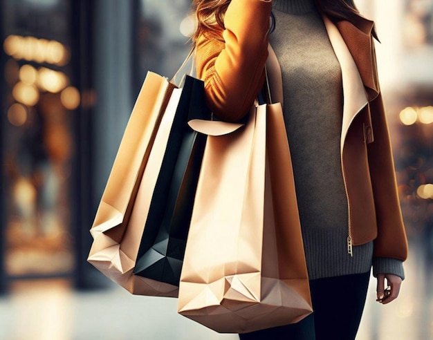 a woman with shopping bags on the front