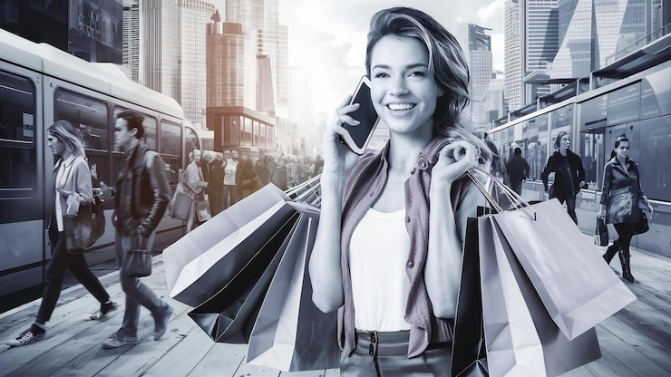 Photo woman with shopping bags holding smartphone