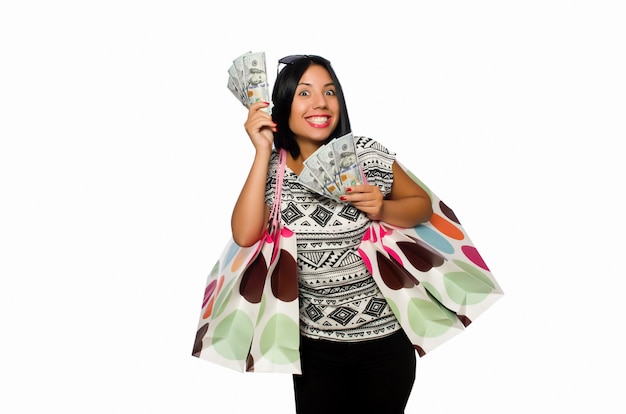 Woman with shopping bags isolated on white