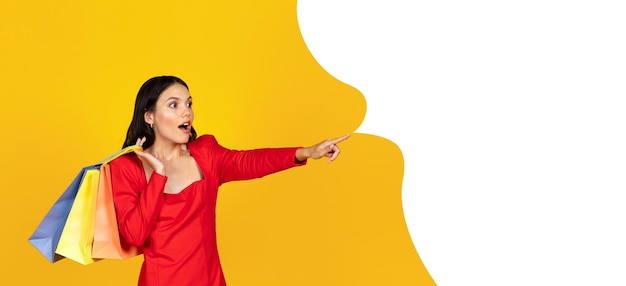 Woman with shopping bags pointing at copy space bubble collage
