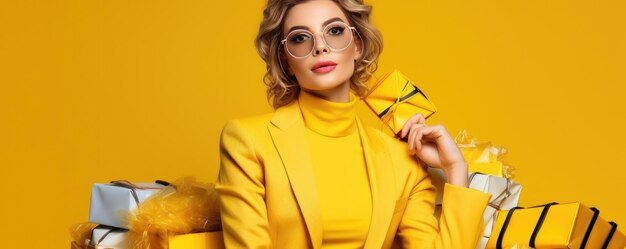 Woman with shopping bags on yellow background with space for text generative ai