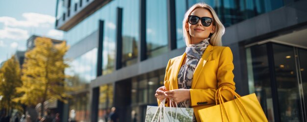 黄色い背景のショッピングバッグを持った女性とテキストのスペース