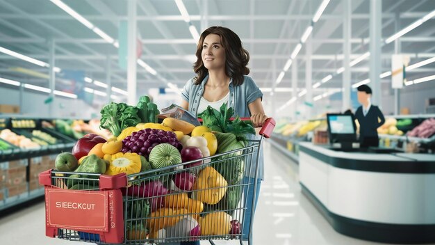 Женщина с тележкой для покупок покупает еду в супермаркете
