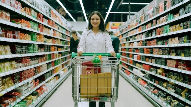 Woman with shopping cart buying food at supermarket