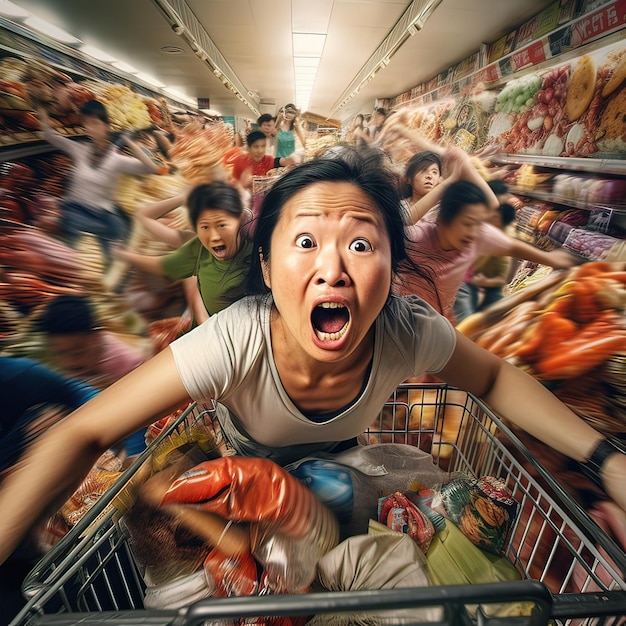 Photo a woman with shopping cart filled with groceries